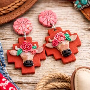 Handmade Western Longhorn Aztec Cross Dangle Earrings Pink Concho Nickel Free